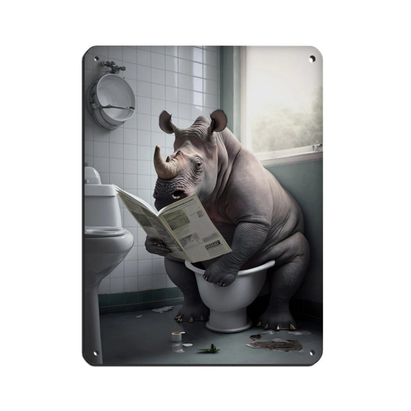 Rhino Sitting on The Toilet Reading A Newspaper Tin Sign Vintage Metal Pub Club Cafe Bar Home Wall Art Decoration Poster Retro 12x16inch(30x40cm)