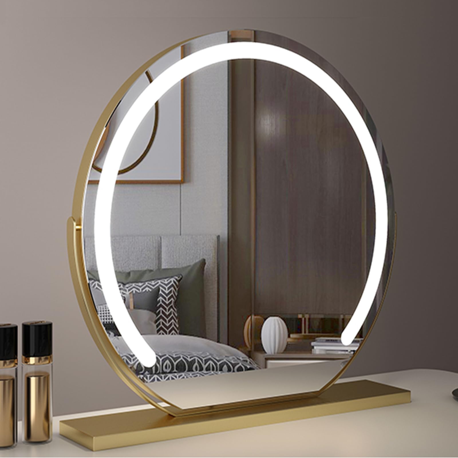 Achzyft Gold Standing Cosmetic Mirror, Freestanding Tabel Top Shaving Mirror, Cosmetic Vanity Mirror, Table Mirror, Three-Color Light Adjustable, Bedroom Dressing Mirror(Size:50cm,Color:gold)