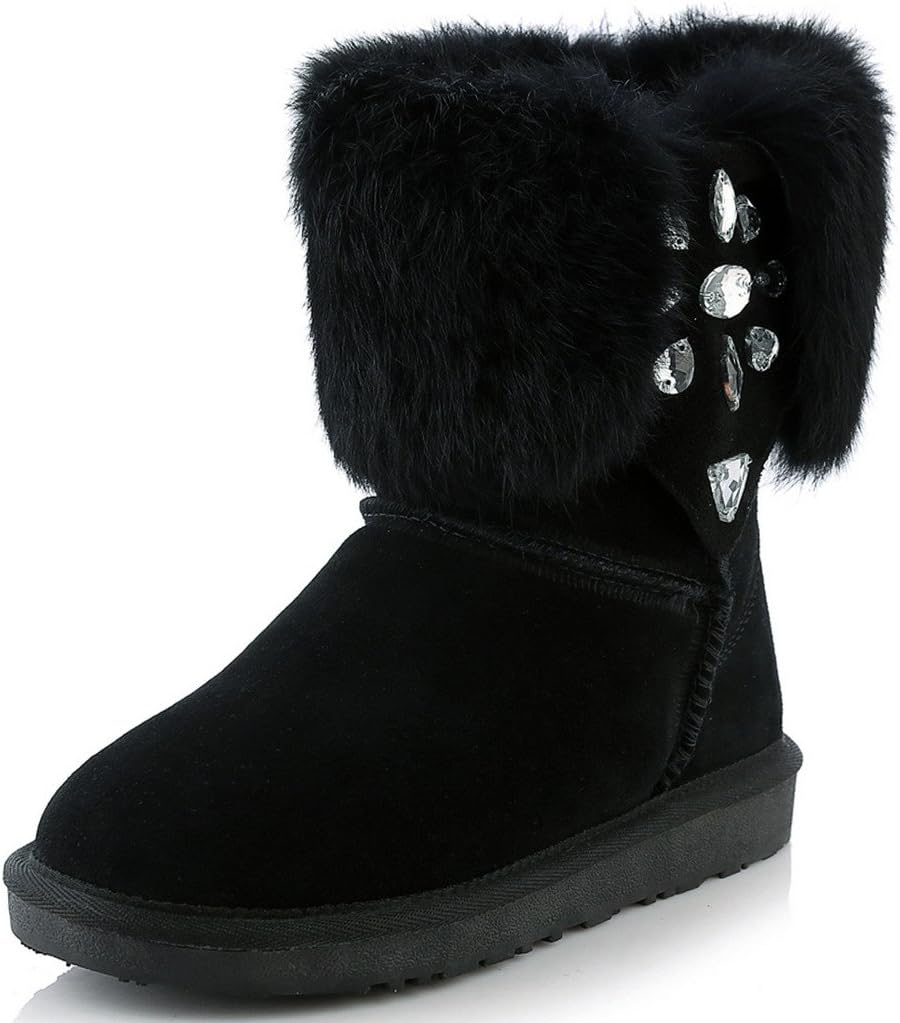 APHNUS Womens Boots Leather Suede Rhinestone Rabbit Fur Winter Snow Short Boots