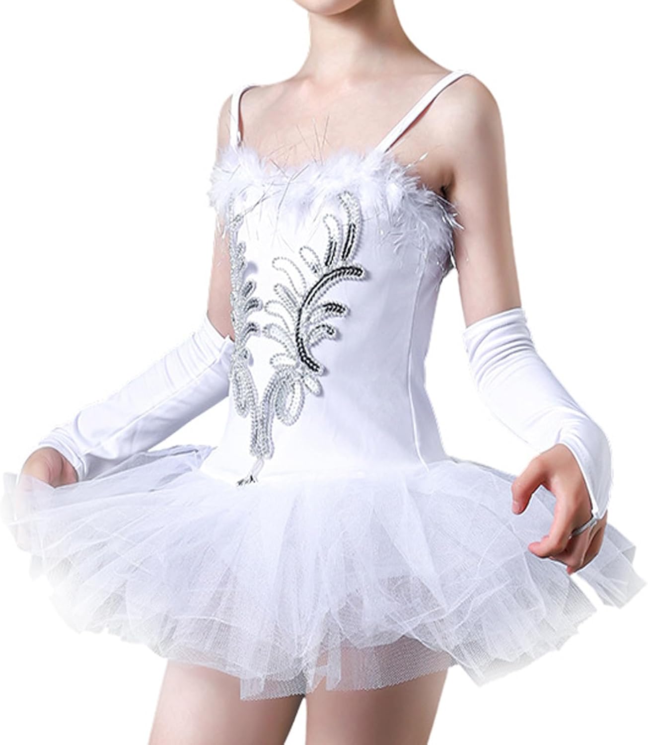 DRHOM Kids Girls Swan Dance Tutu Dress Sequined Beads Leotards Skirt Ballet Dancing Performance Costume