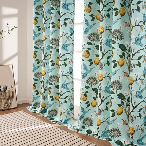 Image of Topfinel 90 Inches Long Curtains Mint Green Whimsical Woodland Leaf Jungle Flower Hummingbird Victorian Grommet Thick Sage Green Curtains for Balcony Sliding Glass Office Bedroom Living Room