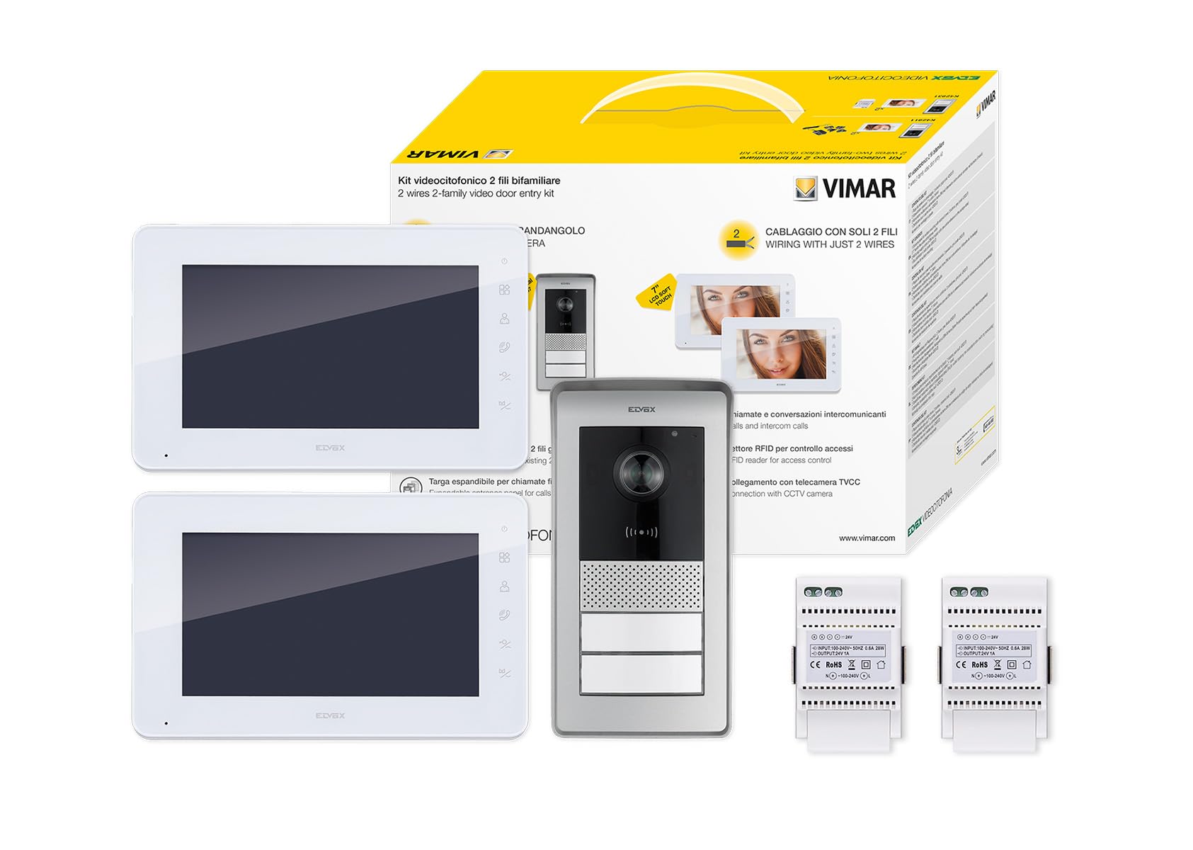 VIMAR K42931 Kit visiophone 2 familles pour Pose en saillie avec: 2 interphone, Platine de Rue à 2 Boutons, 2 alimentations DIN, étriers de Fixation, Contrôle des accès RFID, Écran 7 Pouces