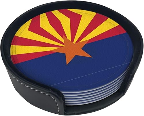 Drink Coasters Set of 6, Arizona Flag Printed PU Leather Round Coaster with Holder for Outdoor, Office, Bar, Funny Heat-Resistant Home Desk Decor