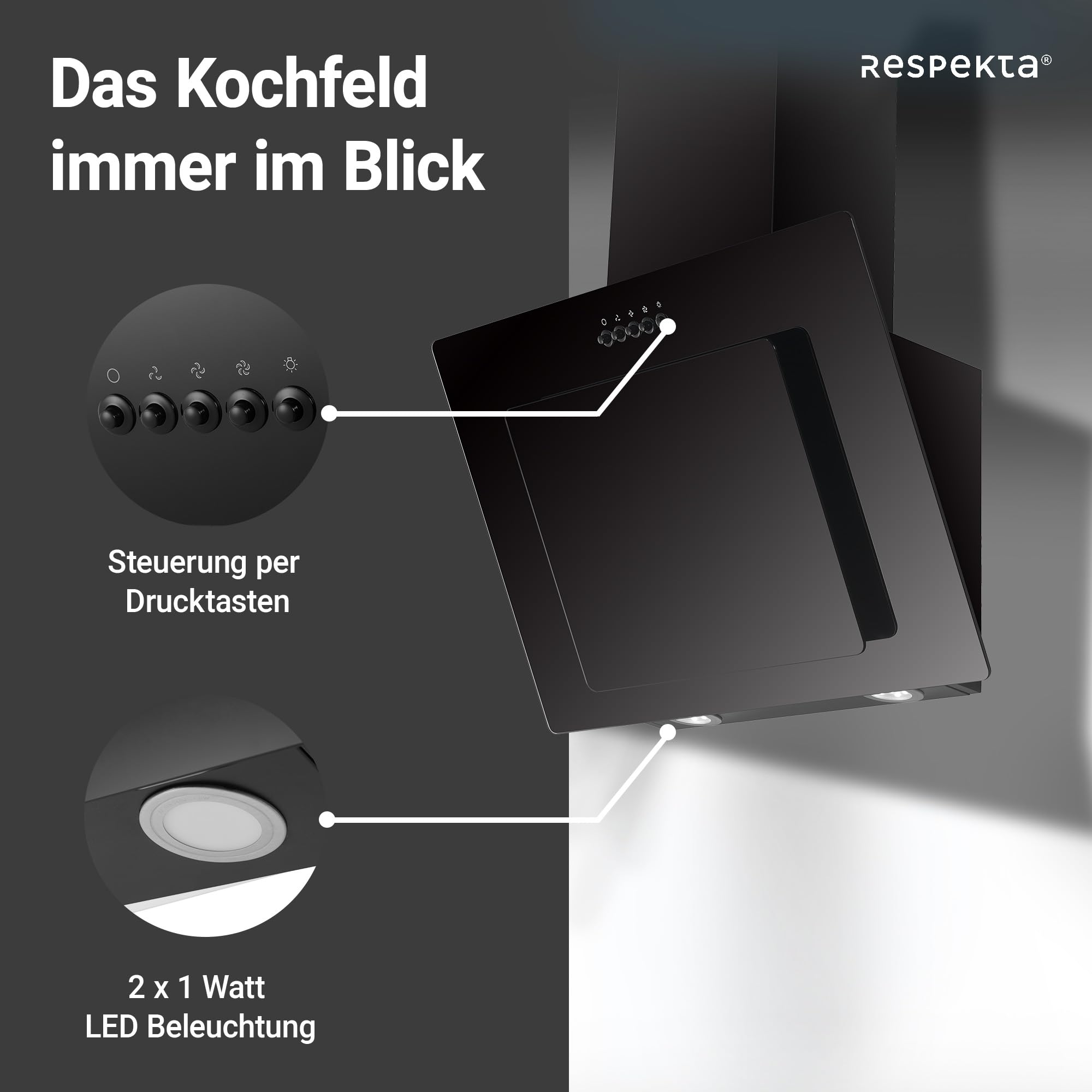 Respekta Dunstabzugshaube 60 cm Metallgehäuse Glasschirm Schwarz Abluft Umluftfunktion CH21060SBZ 54-62 dB