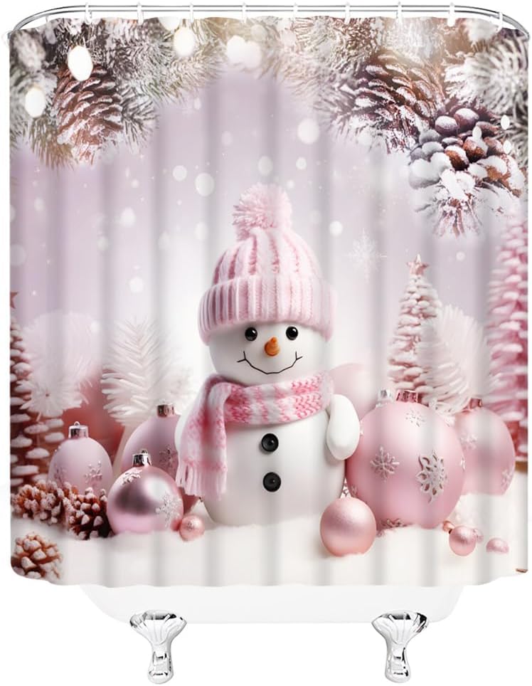 Christmas Snowman Shower Curtain Cute Pink Ball Xmas Tree Snowflake Winter Pine Branch Holiday Bathroom Decor Fabric Curtains with Hook 80Wx70H Inches