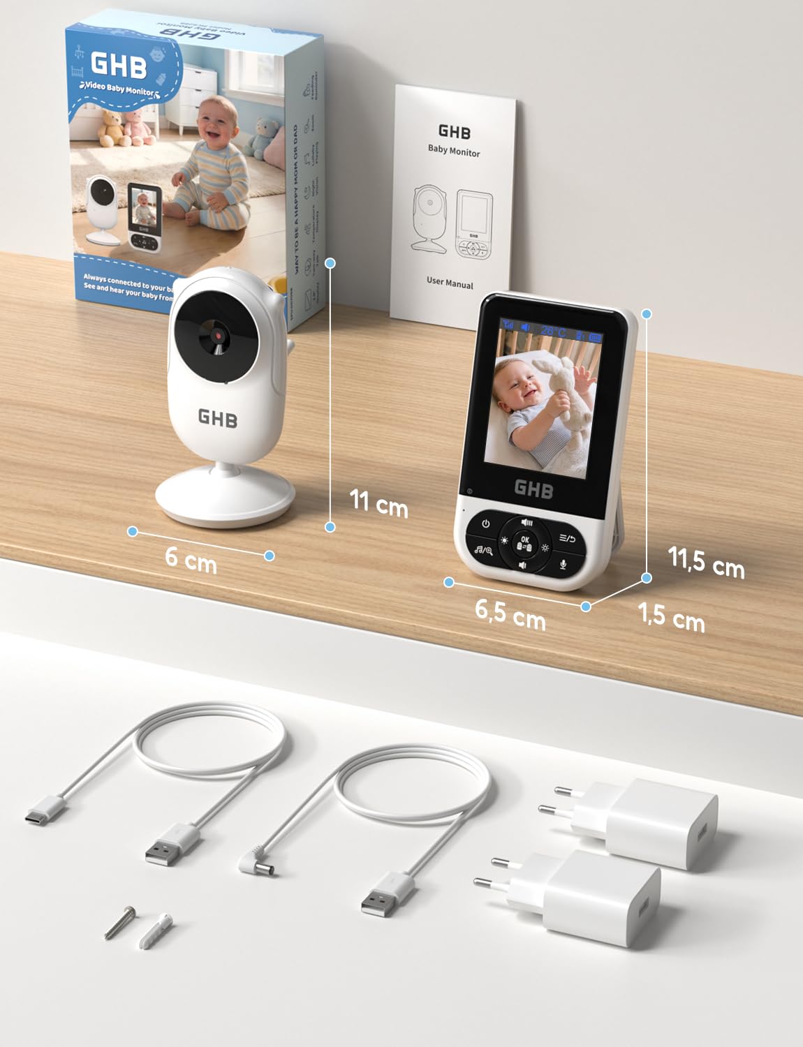 GHB Babyphone mit Kamera Baby Monitor 2,8 Zoll mit Nachtsicht VOX Schlaflieder Gegensprechfunktion Temperatursensor Max. 4 Kameras Unterstützt Schwarz