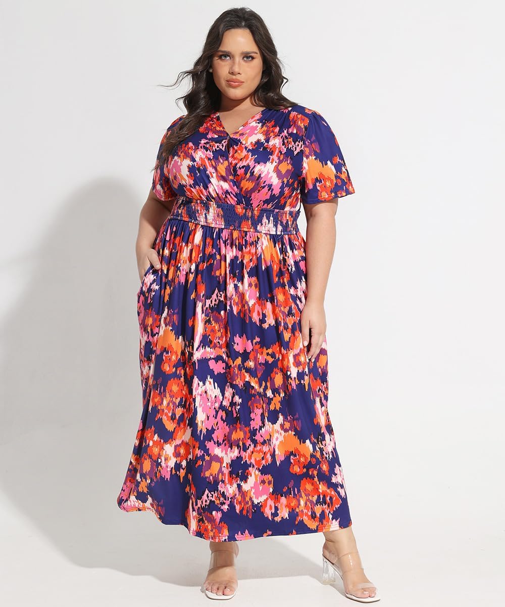CARCOS Plus Size Dresses for Curvy Women V Neck Summer Maxi Dress Short Sleeve Floral Boho Dress Smocked Waist Beach Dress - Image 2