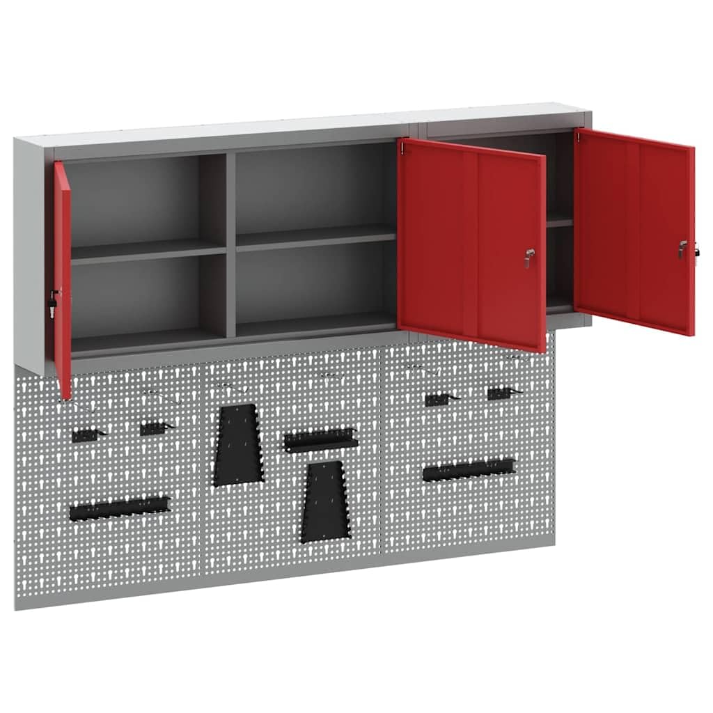 Juego de 5 armarios para herramientas de acero pulverizado, montaje en pared, 150 x 20 x 115 cm, con placas perforadas, estantes metálicos y 3 cerraduras para taller y garaje