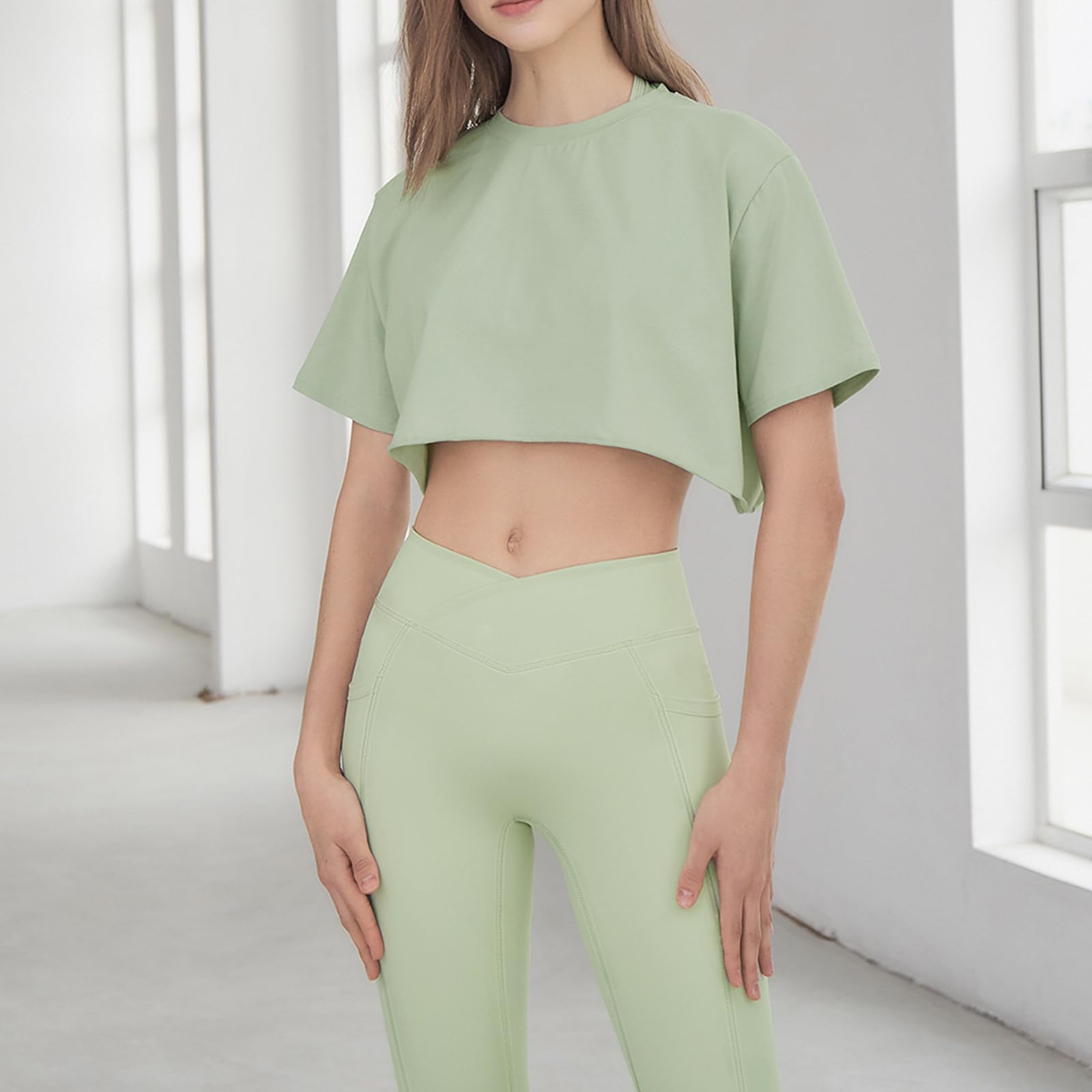 Damskie Sportowe Topy Slim Fit PrzycięTe Topy Do Jogi T Shirt Cover Ups,Green,M