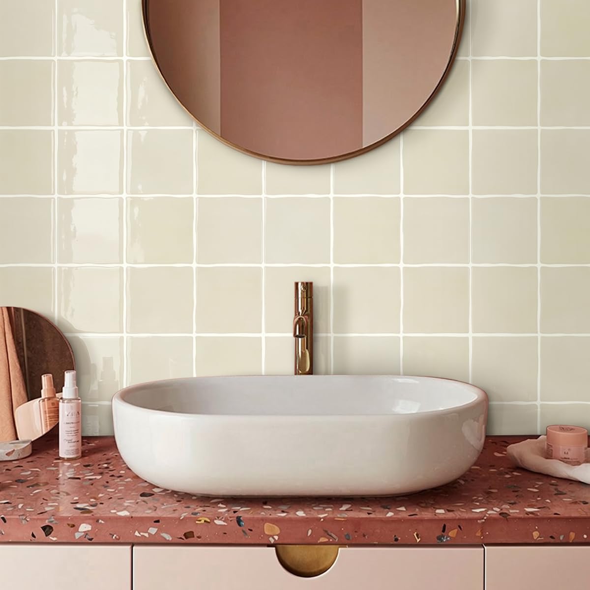 Commomy Più Spessi Piastrelle Adesive Cucina Beige, 10 pezzi | Paraschizzi Cucina Mattonelle Adesive Bagno, Vinile Pannelli Decorative 3D per Parete,30,5 x 30,5 cm