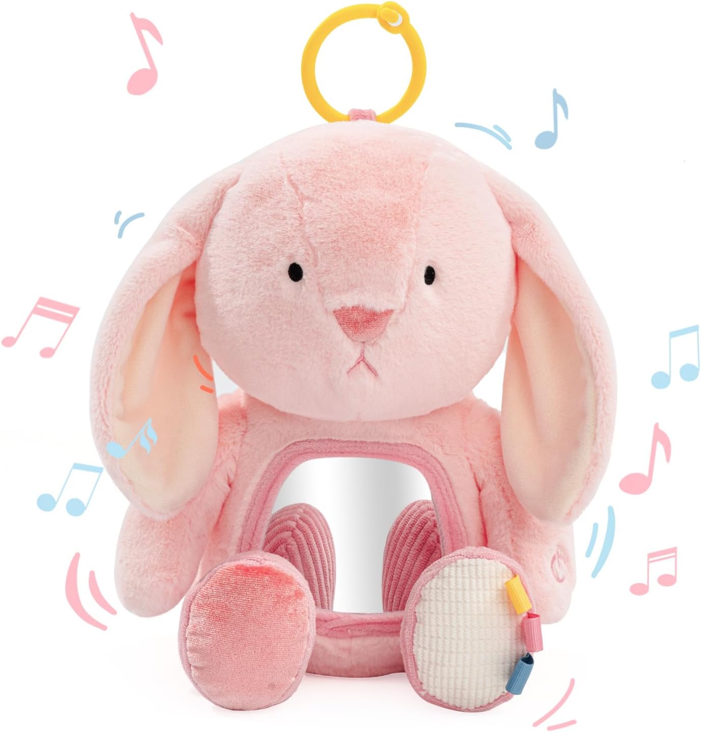 Koty Musical Tummy Time Toy,Baby Mirror Toy 3 Years Old, Infant Sensory Toy with Crinkle Sounds, Textures, Mirror & Melody Music Box for Tummy Time and Self-Discovery (Pink Rabbit)