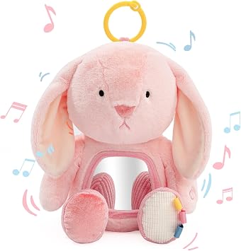 Koty Musical Tummy Time Toy,Baby Mirror Toy 3 Years Old, Infant Sensory Toy with Crinkle Sounds, Textures, Mirror & Melody Music Box for Tummy Time and Self-Discovery Pink Rabbit