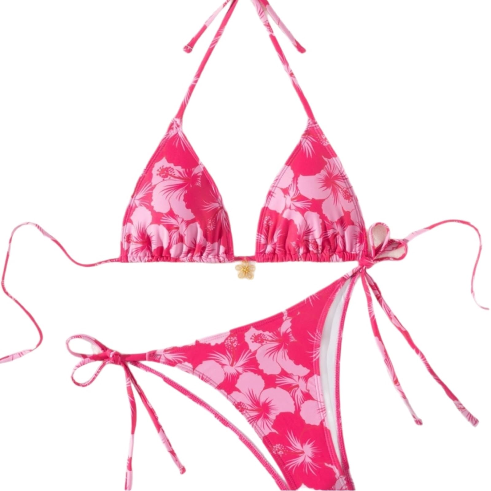 Bikini Mujer Mujeres Floral Impresión Conjunto De Metal Flor Detalle Corbata Lado Traje Baño-jy670ro-rose Red-m