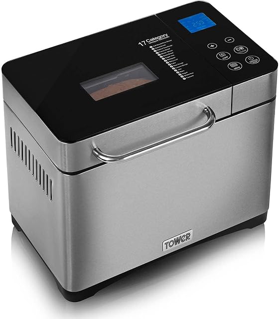 Tower T11002 Digital Bread Maker, 17 Preset Functions Including Gluten Free and Sourdough Options, Delay Timer and Keep Warm Settings, Automatic Fruit and Nut Dispenser, 1 Litre, Stainless Steel