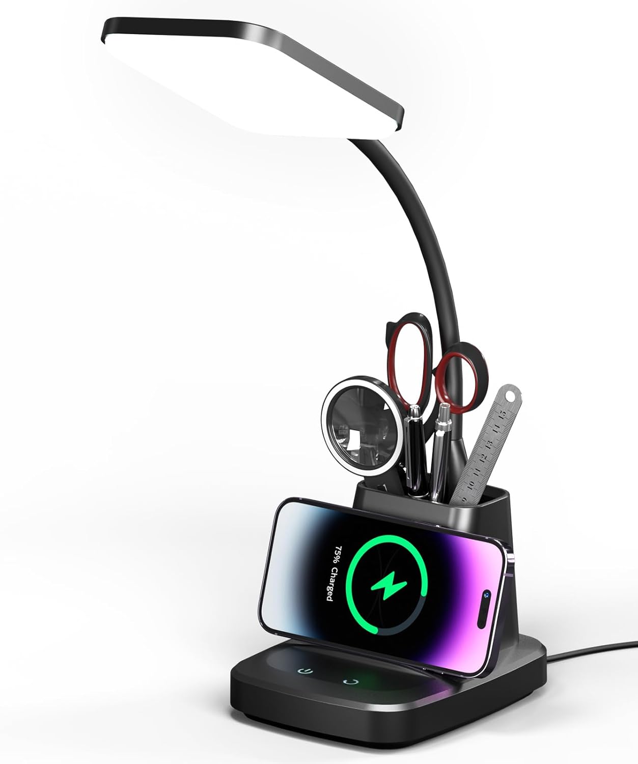 LED Desk Lamps with Pen Holder, Desk Lamp with Wireless Charger, Dimmable Touch Control Lamp with 3000k 4000k 5000k 3 Color Modes Adjustable, Black