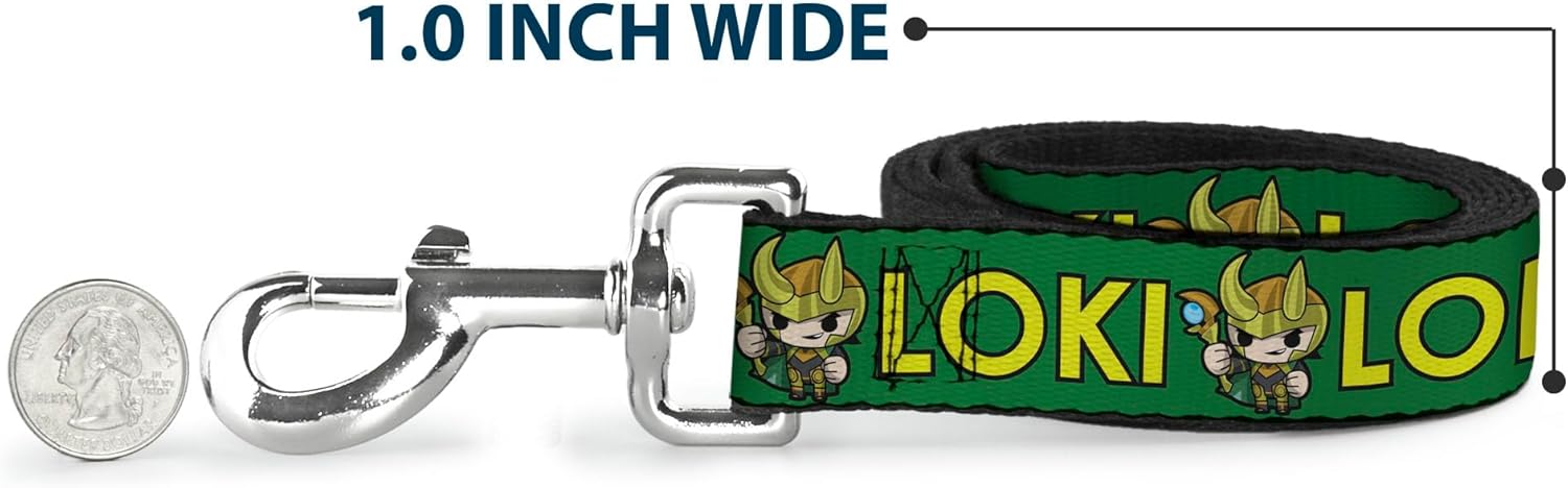 Buckle-Down Dog Leash Kawaii Loki Standing Pose Text Green Yellow 6 Feet Long 1.0 Inch Wide, Multi Color (DL-WTH024-1.0-6FT)