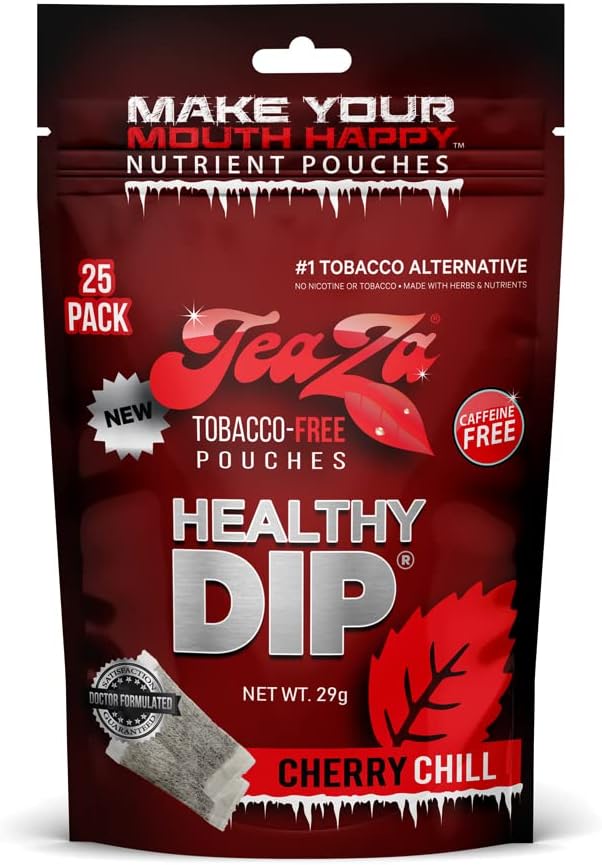 Teaza Herbal Energy Pouches, Tobacco Alternative Nicotine Free, Smokeless Alternative Snuff and Healthy Dip, Tobacco Free Chew Premium Flavored | Cherry Chill | 25 Pouch Pack : Health & Household