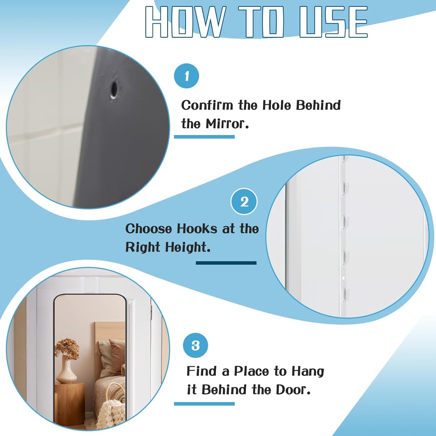 Wensdr 4 Pcs Over Door Mirror Hooks, Adjustable 13.7 inch Door Mirror Hanger Set including Protective Lining - Image 4