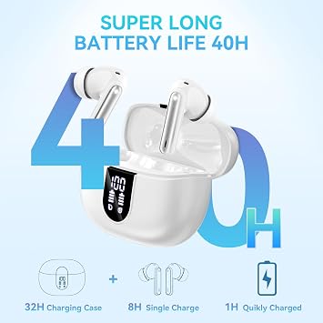 Wireless Headphones, Bluetooth 5.3 Headphones 40 Hours Playtime Deep Bass Stereo In-Ear Headphones, LED Power Display, Call Noise Canceling Headphones with Microphone, IP7 Waterproof Headphones