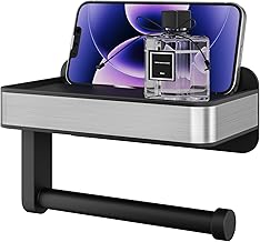 Kitsure Toilet Roll Holder Wall Mounted - Adhesive & Screw Toilet Paper Holder with Shelf, Matte Black Design for Bathroom Accessories, Space-saving for Bathroom, RV, Black, 18.1cm W