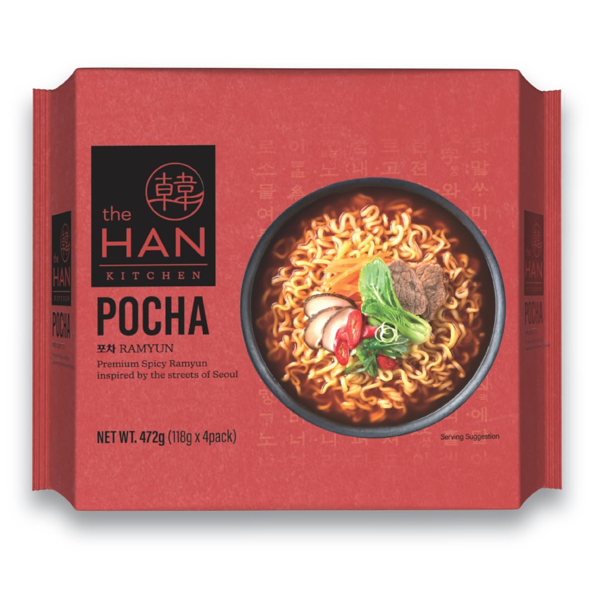 Korean instant ramen with thick noodles and a spicy, savoury broth. The Han Kitchen Pocha Ramyun K-Army Budae Jjigae style noodles, ready in 5 minutes.118 g (Pack of 4)