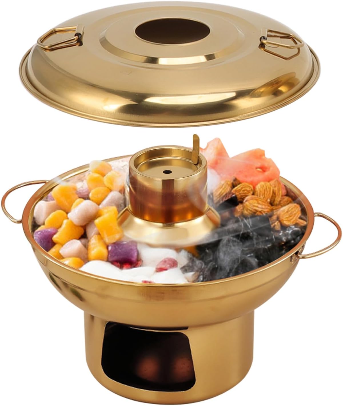Portable Charcoal Hot Pot, Stainless Steel Round Design Dry Ice Pot One Person Milk Tea Hot Pot for Camping Office Hotel (Gold)