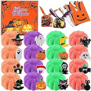 Halloween Gifts for Kids – 16pcs Halloween Bath Bombs for Kids with Toys Inside Halloween Party Favors Goodie Bag Fillers Natural Organic Bubble Bath with Spooky Pumpkin Bath Bombs