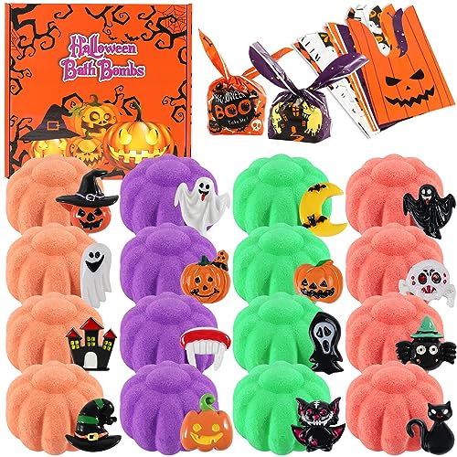 Halloween Gifts for Kids – 16pcs Halloween Bath Bombs for Kids with Toys Inside Halloween Party Favors Goodie Bag Fillers Natural Organic Bubble Bath with Spooky Pumpkin Bath Bombs