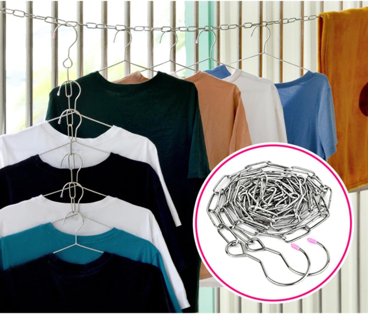 Portable Hanging Clothesline Stainless Steel Clothes Drying Chain with Hooks on Both Ends, 78.74 Inches Long Windproof for Home and Outdoor Activities