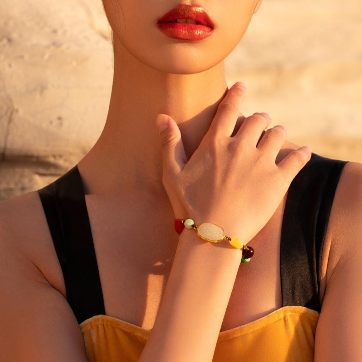 S925 Sterling Silver Jadeite Bracelets for Women, Natural Hetian Jadeite with Pearl Amber Graduated Straight-Cut Beaded Bracelet, Gift for Mother on Mother's Day