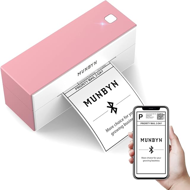 MUNBYN Bluetooth Thermal Label Printer, Wireless 4x6 label printer for Shipping Packages Postage Small Business, for Etsy, Shopify, eBay, Amazon, Royal Mail, FedEx, UPS, ITPP129, Pink, Upgraded 3.0