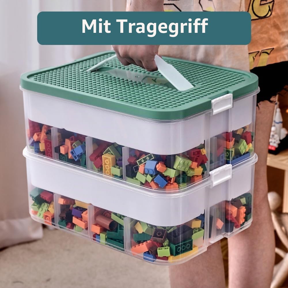 Bausteine Aufbewahrungsbox,Zum Zusammenbau Von Spielzeugpartikel-bausteinen(Mit Aufbewahrungsbox), Sortierboxen Spielzeug Bausteine Aufbewahrung Mit Fächern,Storage Box,Kisten(Grün, 3-Schicht)