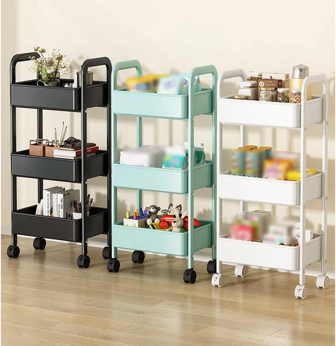 LEIYTFE Metal Rolling Trolley Bathroom Organization Cart with Handle 3 Tier Kitchen Storage Cart Snack Cart, Rotating/Lockable Wheels, Mobile Storage Rack (Color : Black)