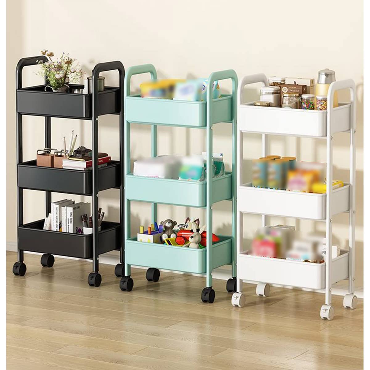 Carrito rodante de metal de 3 niveles con cestas de malla y asa, almacenamiento versátil con ruedas para manualidades, cocina, oficina y uso doméstico (negro)