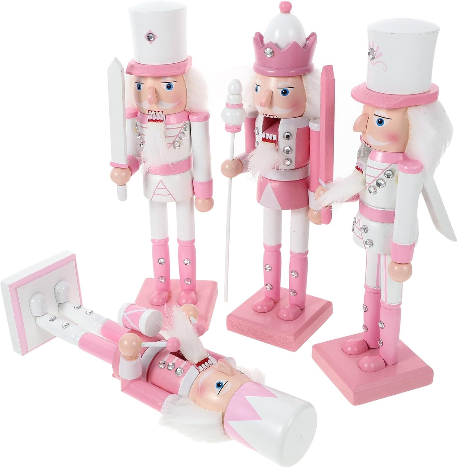 Veemoon 4pcs Christmas Nutcracker Decoration Set Wooden Nutcracker Puppets 24cm Pink Xmas Tabletop Ornament Holiday Decor