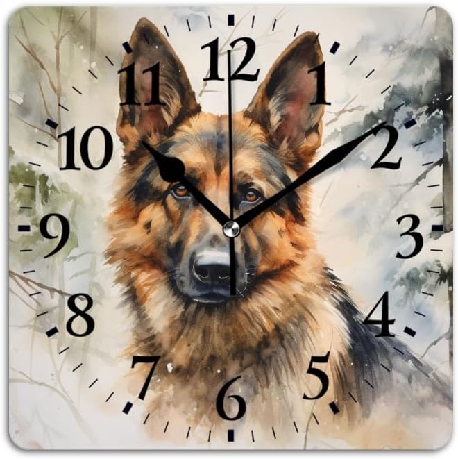 Battery Operated Wall Clocks Watercolor Painting of Elegant German Shepherd in Winter Forest Silent Non-Ticking Decor Clock with Photo for Bathroom,Office(14inch)