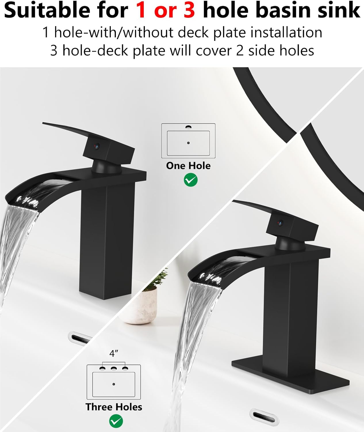 Waterfall Bathroom Faucet 1 Hole, Single Hole Bathroom Faucet, Single Handle Vanity Sink Faucet with Deck Plate, Pop-up Drain & Supply Lines, Matte Black