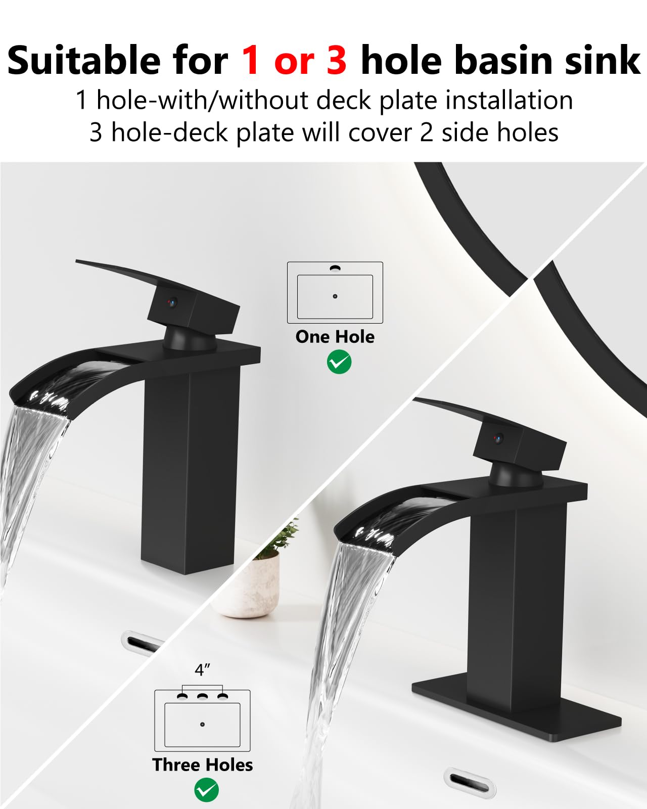 Waterfall Bathroom Faucet for 1 Hole Single Handle Vanity Bathroom Sink Faucet with Deck Plate Pop-up Drain Supply — view 5