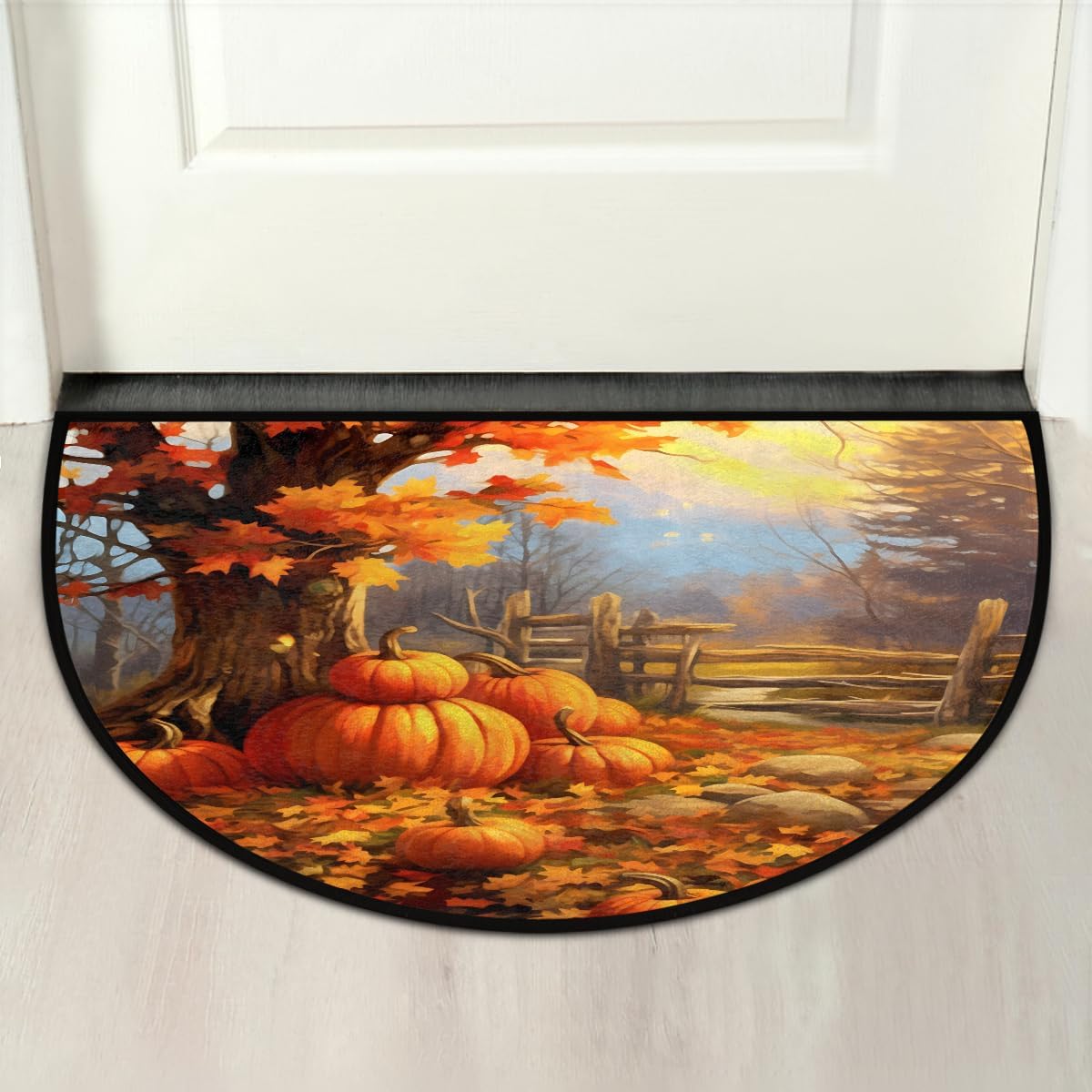 Half Round Door Mat Fall Maple Leaf Pumpkin Half Moon Rug Washable Half Circle Area Rugs Indoor Entrance Non Slip Semi Circle Bathroom Rugs Floor Carpet for Kithen Bedroom Fireplace Decor