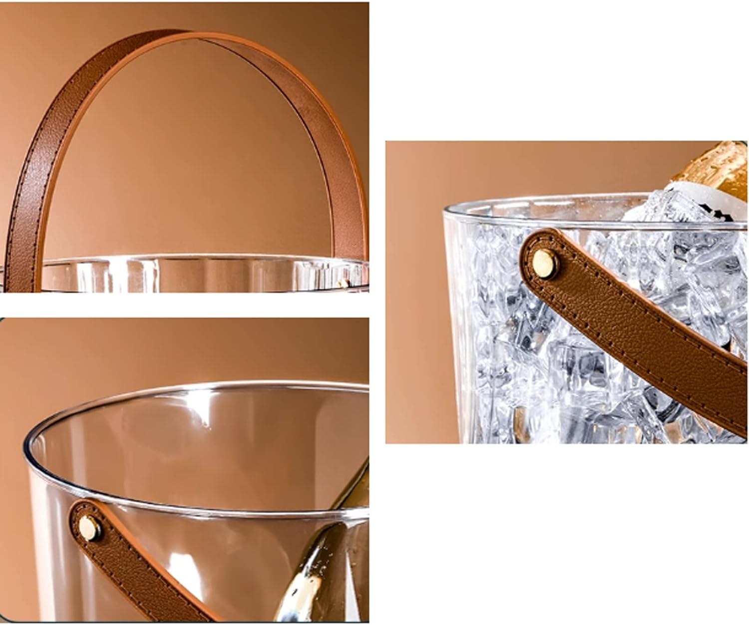 Ice Bucket Plastic Ice Buckets with Brown Leather Handle Clear Wine Bucket Round Champagne Cooler Portable Party Tubs for Drinks Chiller Bin for Beer Bottle Beverage Ice Tub