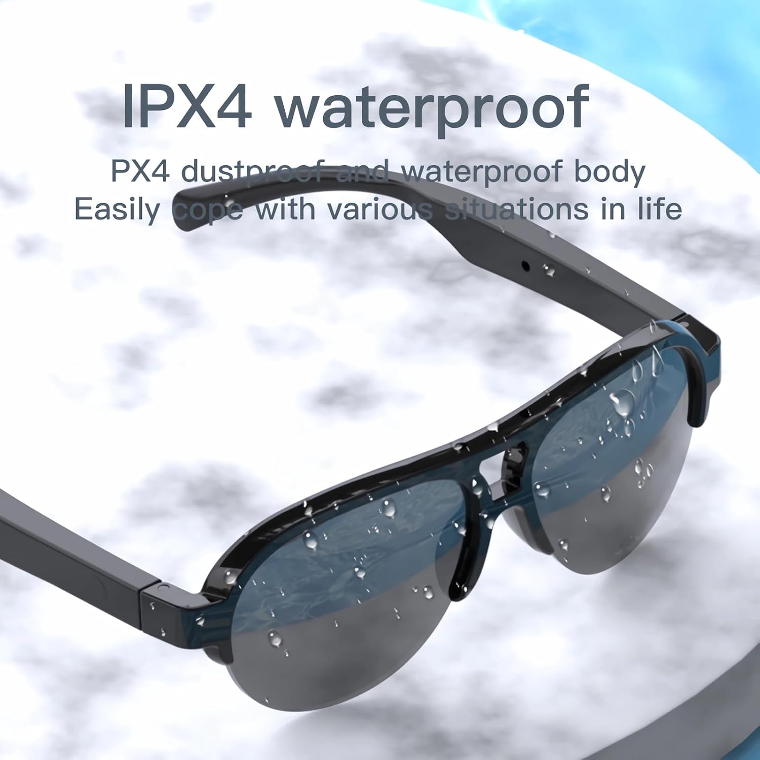Smart glasses with water droplets, illustrating IPX4 waterproof rating