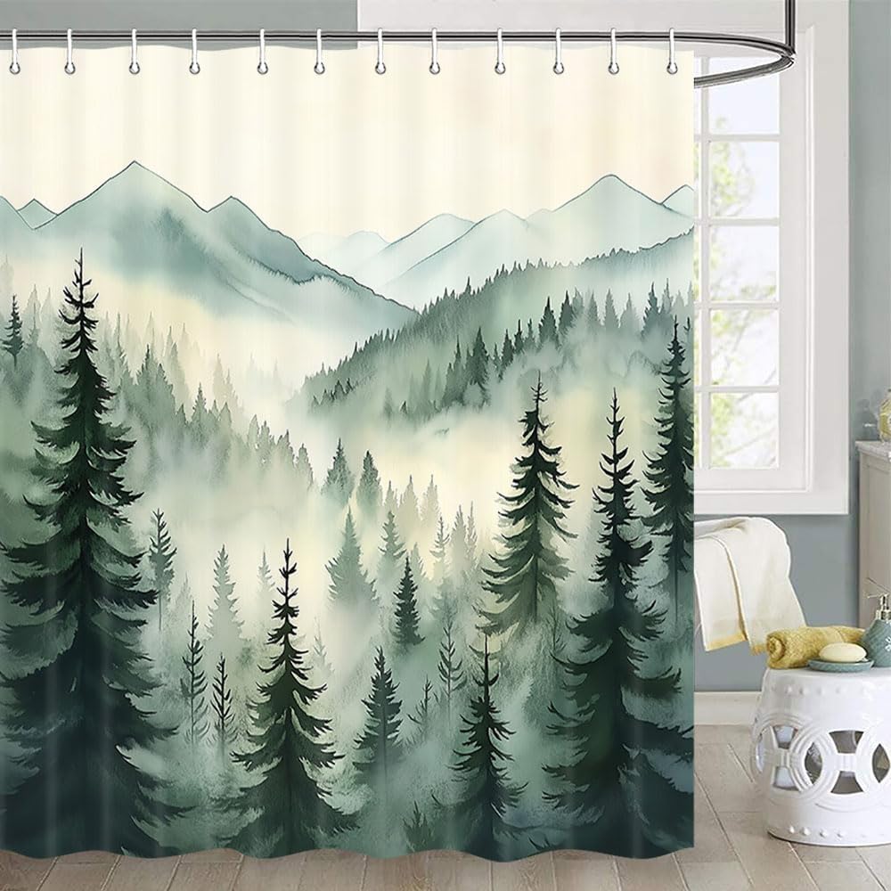 JAWO Forest Shower Curtain, Forest Pine Tree Refreshing Woodland Wilderness Mountainside Landscape Shower Curtain for Bathroom, Fabric Nature Shower Curtain Hooks Include, 72X78 inch, Multi3