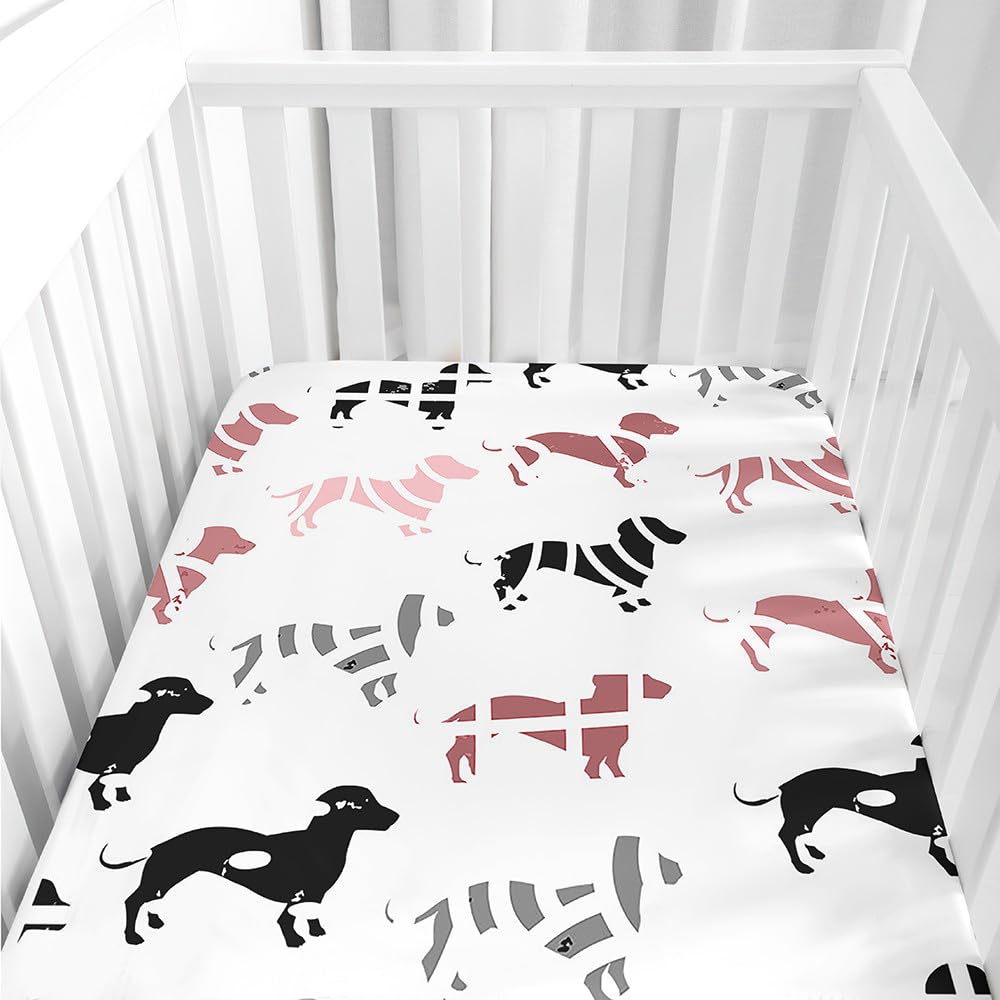 Hiseng Microfiber Crib Sheets, Cot Bed Sheets with Cartoon Pattern Cot Fitted Sheets Bassinet Mattress, Soft and Comfortable Toddler Bed Sheets for Boys, Girls (Dachshund,60x120cm) — image 1