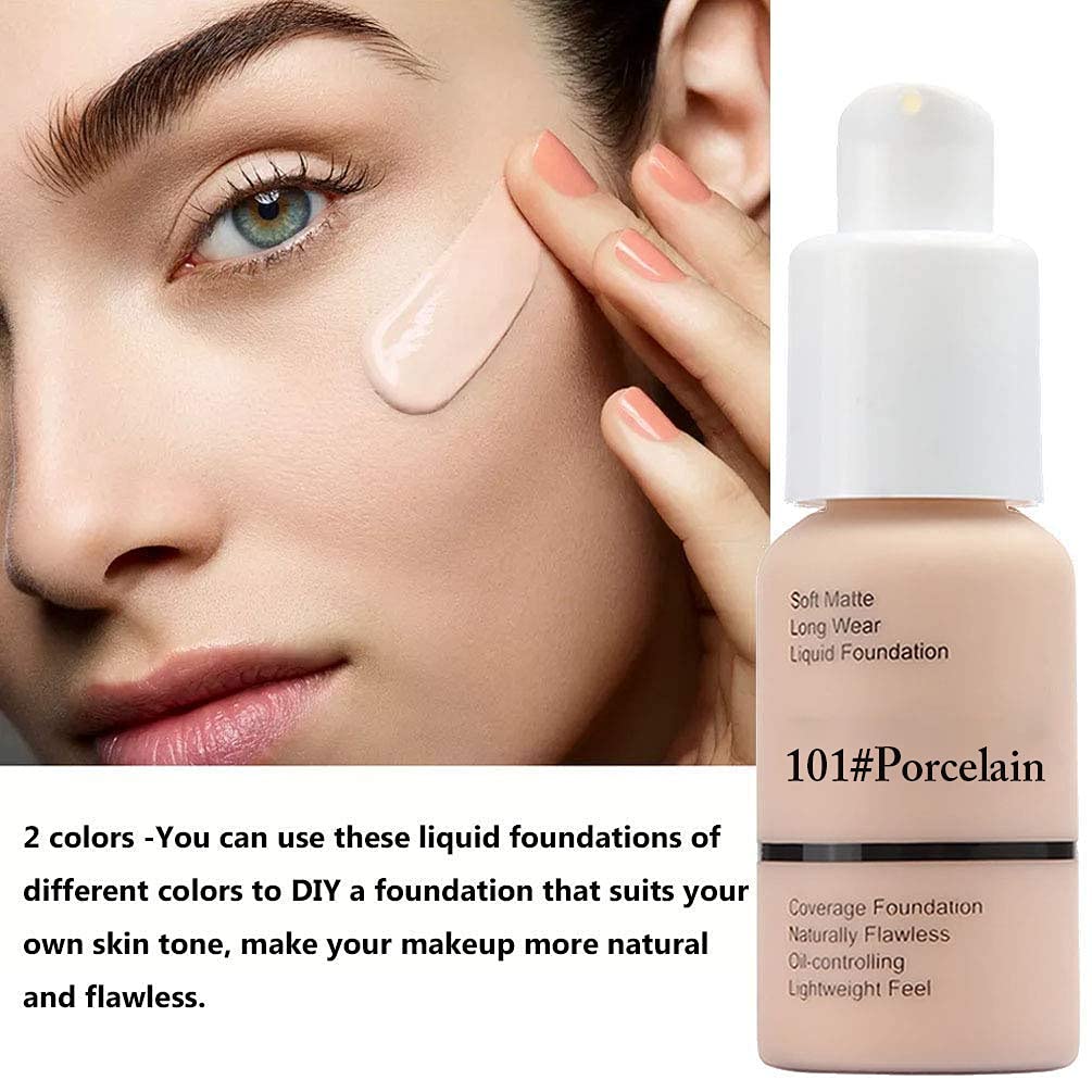 Matte Full Coverage Foundation 24hr Lasting Liquid Foundation Makeup (102#Nude & 101#Porcelain) with Foundation Brush, Waterproof Oil Control Facial Blemish Full Coverage Concealer Face Cosmetic Makeup for Women