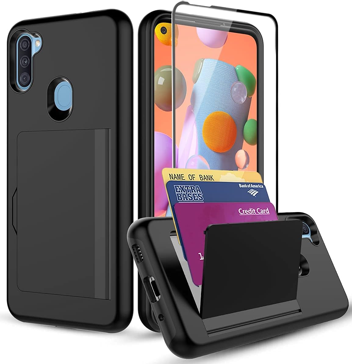 SunRemex Galaxy A11 Case with Tempered Glass Screen Protector,Galaxy A11 Card Holder Case,PC+TPU Dual Layer Hybrid Shock Proof Protective Wallets Case for Samsung Galaxy A11 Phone(Black)