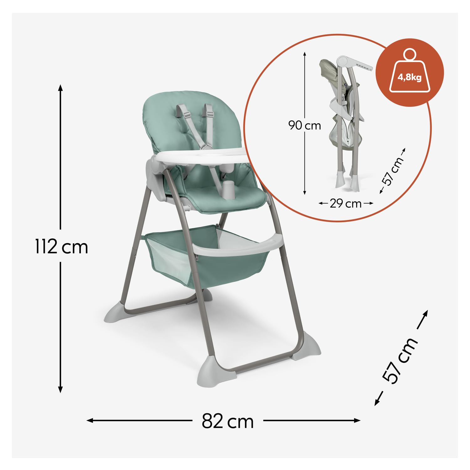 hauck Sit N Fold, Dusty Mint - Seggiolone Pappa Pieghevole e Leggero per Bambini da 6 Mesi Fino a 15 kg, Schienale Reclinabile, Cintura a 5 Punti, Vassoio XL Removibile, Cestello Portaoggetti