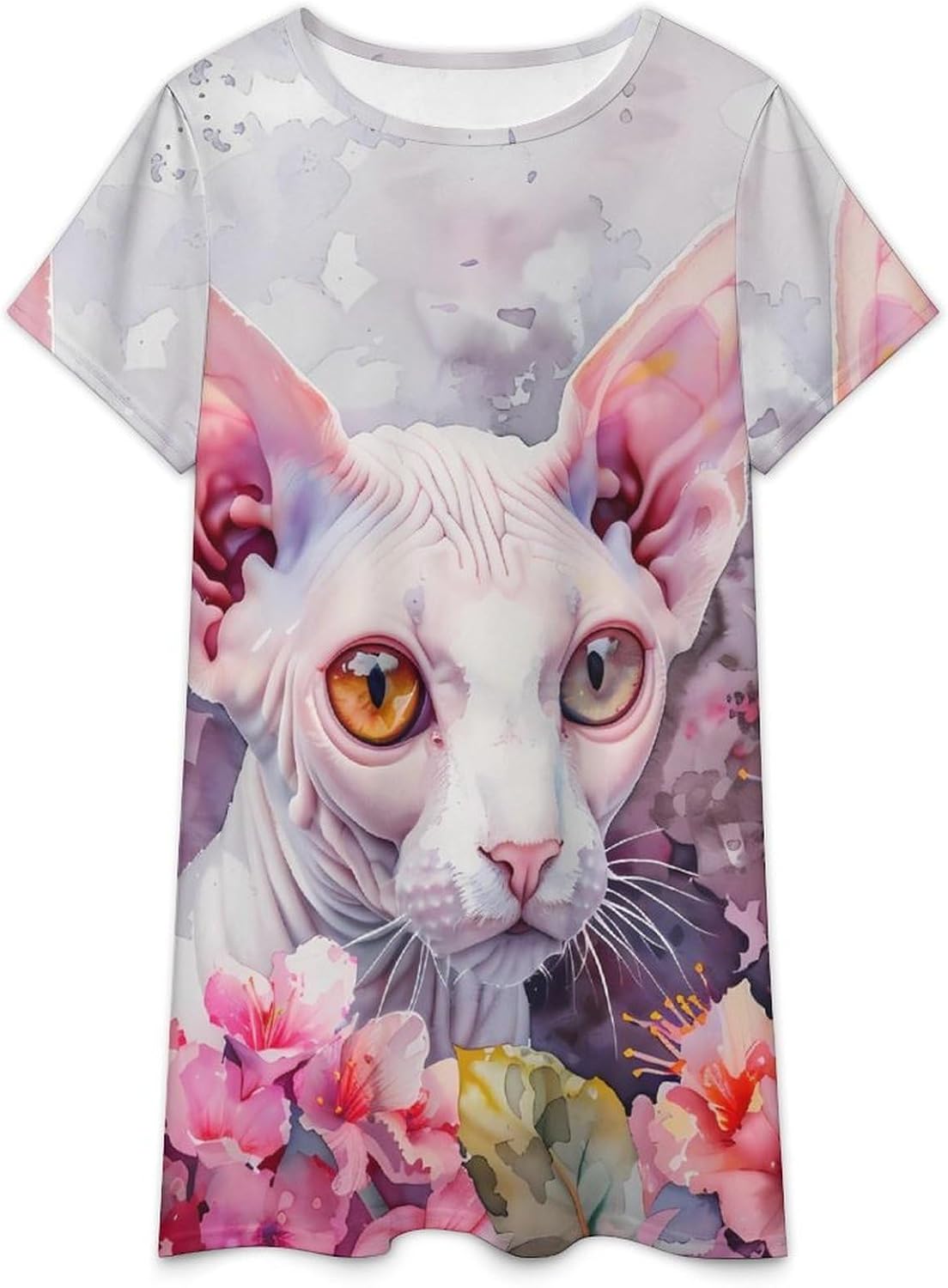 Watercolor_ Sphynx Cat Flowers Women's Nightgown Short Sleeve Sleep Shirt Casual Sleepwear Night Gowns Sleepdress