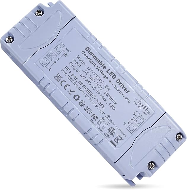 REYLAX LED Driver Dimmable 24V 12W 500mA, Triac AC 240V to 24V Transformer, Constant Voltage Thin DC LED Power Supply, Low Voltage Transformers for LED Strip Lights