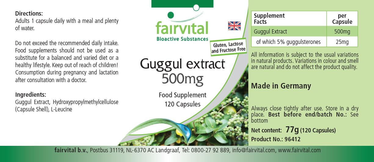 fairvital Extrait de guggul 500mg, 120 gélules, 5% de guggulstérones, qualité certifiée et hautement dosé, 100% végétalien, fabriqué en Allemagne