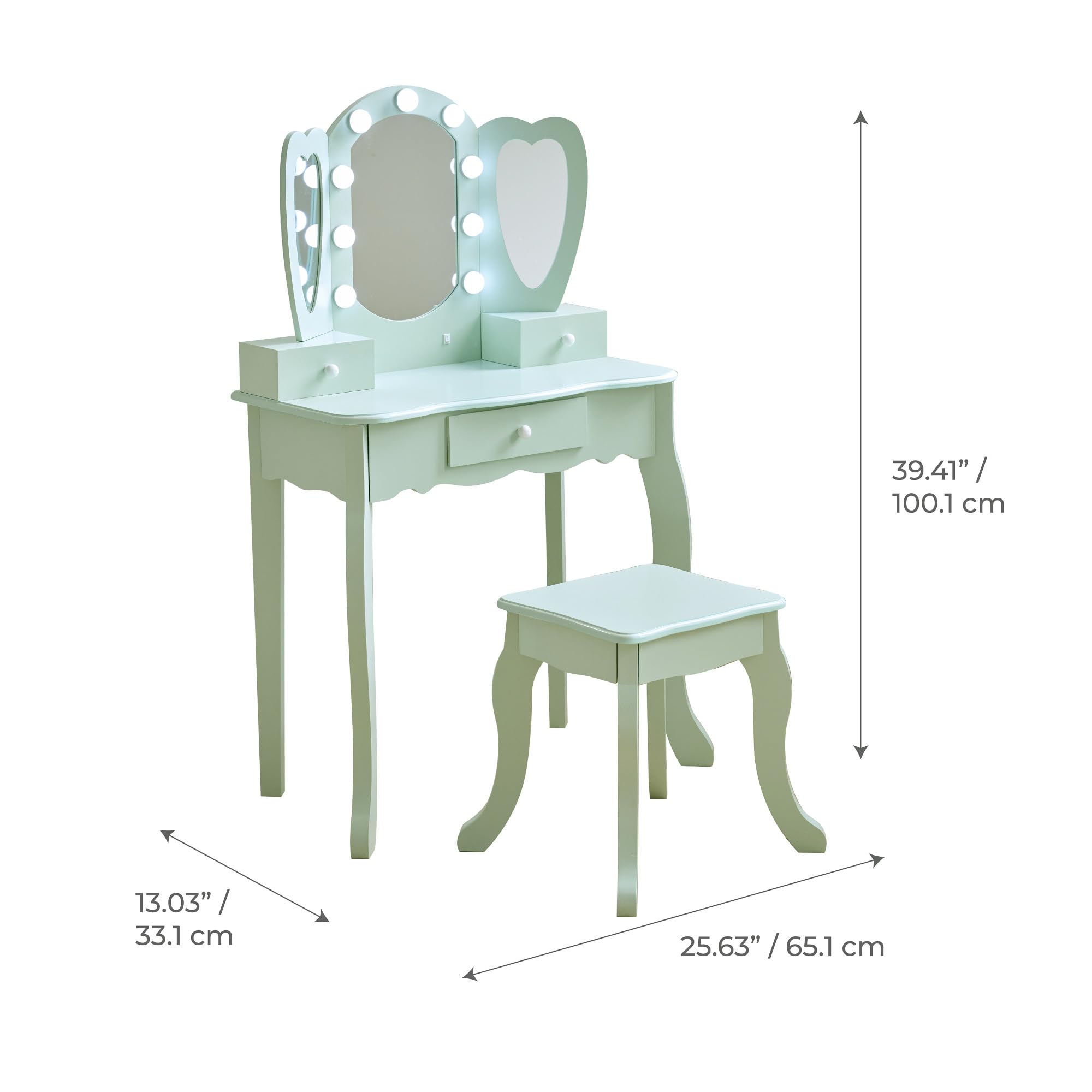 Teamson Kids Coiffeuse Enfant cœur Verte avec Miroir LED Triple Tabouret tiroirs Accessoires pour favoriser Imagination et autonomie